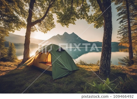 Camping in a beautiful natural landscape on a sunny evening 109466492