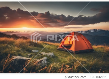 Camping in a beautiful natural landscape on a sunny evening Camping in a beautiful natural landscape on a sunny evening 109466493