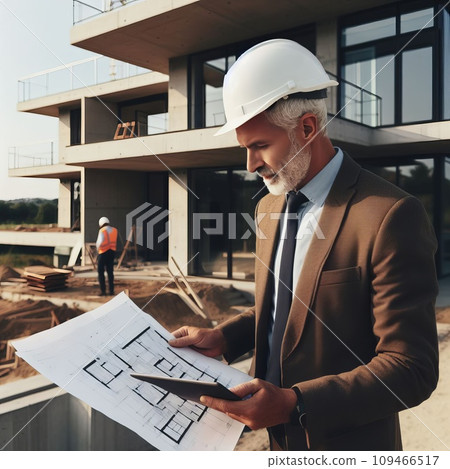 architect engineer inspecting and working outdoors structure building site with blueprints architect engineer inspecting and working outdoors structure building site with blueprints 109466517