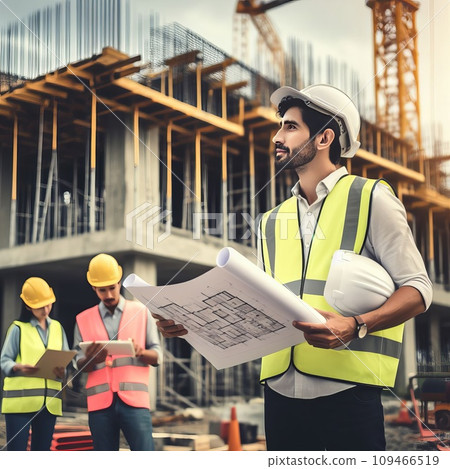 architect engineer inspecting and working outdoors structure building site with blueprints 109466519