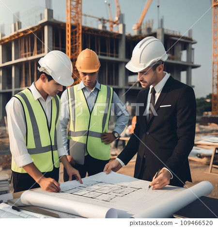 architect engineer inspecting and working outdoors structure building site with blueprints 109466520