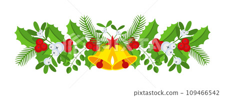 Christmas garland with bells and plant branches, flowers and berries. Christmas garland with bells and plant branches, flowers and berries. 109466542