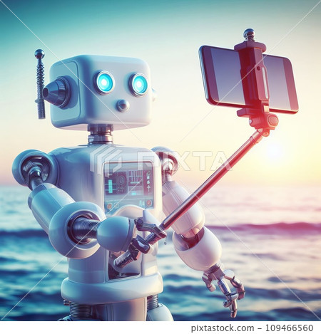 A robot takes a selfie using a smartphone and a selfie stick 109466560