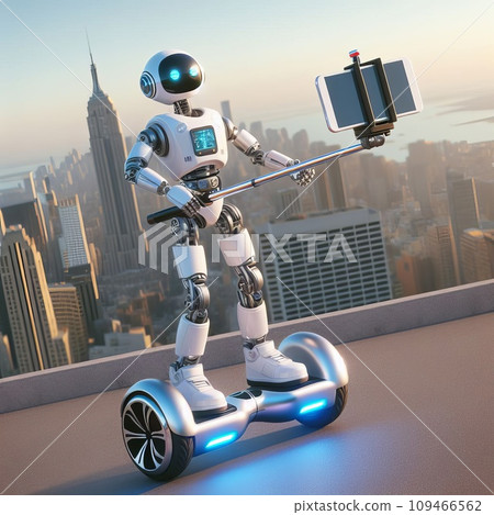 Robot on a hoverboard takes a selfie using a smartphone and a selfie stick 109466562