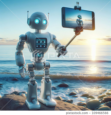 A robot takes a selfie using a smartphone and a selfie stick 109466566