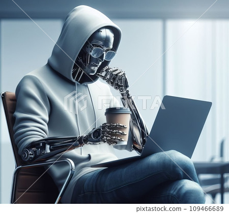 Robot-businessman freelancer using laptop computer in office 109466689