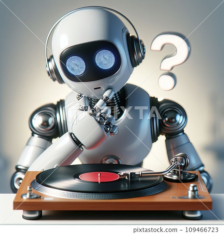 the robot looks at the vintage vinyl player with bewilderment the robot looks at the vintage vinyl player with bewilderment 109466723