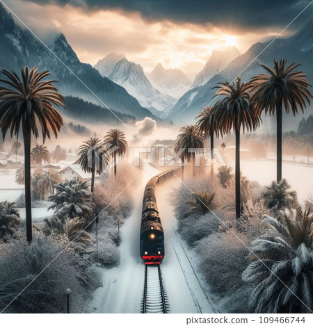 the train travels along snow-covered sand with palm trees 109466744