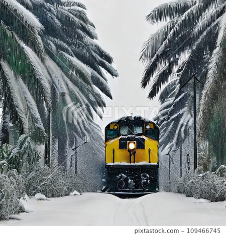 the train travels along snow-covered sand with palm trees 109466745