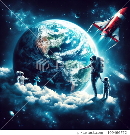 an astronaut in a spacesuit flies in space against the backdrop of the earth 109466752