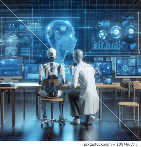 scientist trains robot in futuristic laboratory. Future technologies scientist trains robot in futuristic laboratory. Future technologies 109466775