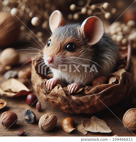 mouse in a nest of leaves, nuts nearby mouse in a nest of leaves, nuts nearby 109466811