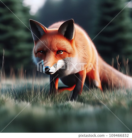 close-up portrait of a fox sneaking through the grass 109466832