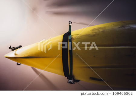 Hoist and pulley system to store a kayak on the ceiling of a garage. Hoist and pulley system to store a kayak on the ceiling of a garage. 109466862