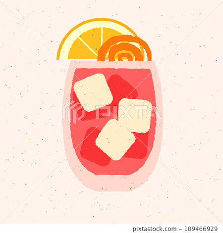 Cold cocktail with orange, zest and ice cubes. Tumbler glass. Vector with texture Cold cocktail with orange, zest and ice cubes. Tumbler glass. Vector with texture 109466929