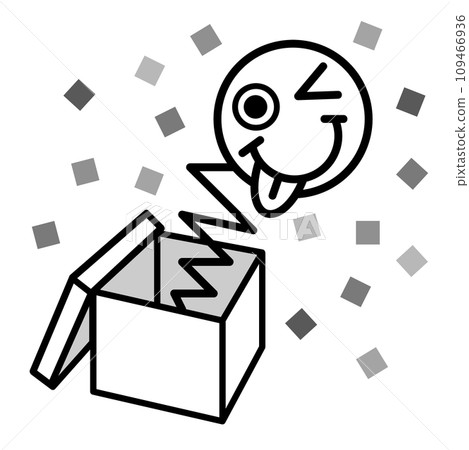 Illustration of a surprise box with a face and confetti popping out of the box 109466936