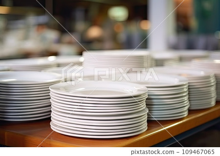 Stacks of Clean Plates at Hotel Breakfast Buffet, White Plates 109467065