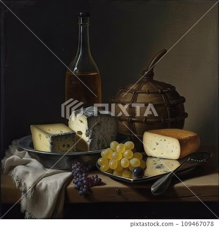 Food Still Life with Cheese, Vintage Dinner Composition, Old Cheese Still Life, Parmesan Food Still Life with Cheese, Vintage Dinner Composition, Old Cheese Still Life, Parmesan 109467078