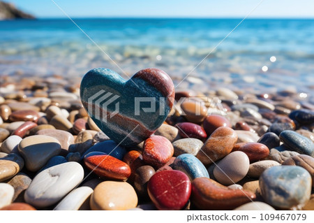 Stone Heart on Pebble Beach, Shining Ocean Water, Rocky Shore Love Symbole, Summer Pebble Heart 109467079