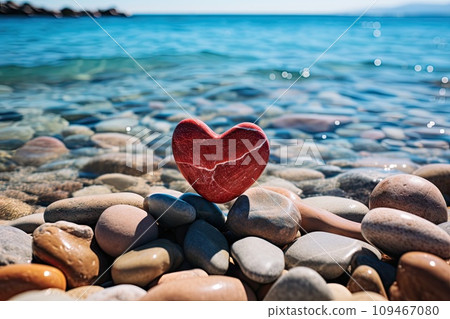 Stone Heart on Pebble Beach, Shining Ocean Water, Rocky Shore Love Symbole, Summer Pebble Heart 109467080