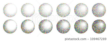 Round shaped dotted objects, vintage stipple elements. Fading gradient. Stippling, dotwork drawing, shading using dots. Colored disintegration effect. Noise grainy texture. Vector illustration Round shaped dotted objects, vintage stipple elements. Fading gradient. Stippling, dotwork drawing, shading using dots. Colored disintegration effect. Noise grainy texture. Vector illustration 109467289