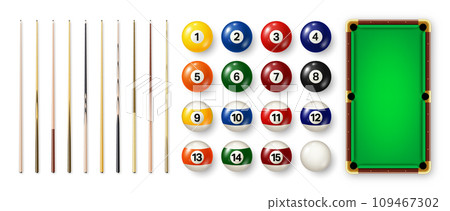 Billiard balls with numbers, various cues and green pool table. Glossy snooker ball. Sports equipment, recreation and hobby, competitive game. Vector illustration Billiard balls with numbers, various cues and green pool table. Glossy snooker ball. Sports equipment, recreation and hobby, competitive game. Vector illustration 109467302