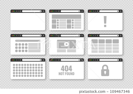 Web browser window, pages layout with toolbar and search field. Modern website, internet page in flat style. Browser mockup for computer, tablet and smartphone. Adaptive UI. Vector illustration Web browser window, pages layout with toolbar and search field. Modern website, internet page in flat style. Browser mockup for computer, tablet and smartphone. Adaptive UI. Vector illustration 109467346