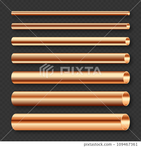 Copper pipes collection. Construction material, pipeline. Industry and engineering. Polished metal texture with silver gradient. Vector illustration Copper pipes collection. Construction material, pipeline. Industry and engineering. Polished metal texture with silver gradient. Vector illustration 109467361