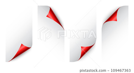 Set of red paper curls. Curled page corner with shadow. Blank sheet of paper. Colorful shiny foil. Design element for advertising and promotion. Vector illustration. 109467363