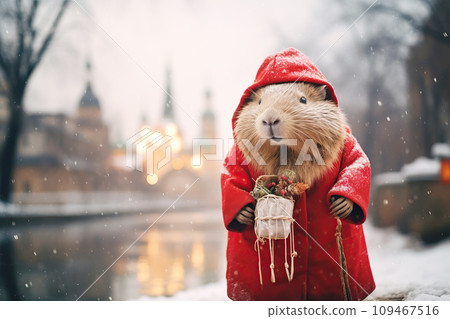 Capybara dressed as Santa Claus walks through a snowy city Capybara dressed as Santa Claus walks through a snowy city 109467516