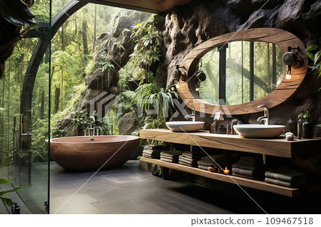 Bathroom, oasis of sustainability, utilizing cutting-edge water-saving technologies for a mindful bathing experience 109467518