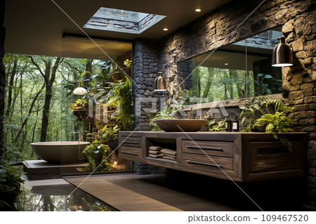 Bathroom, oasis of sustainability, utilizing cutting-edge water-saving technologies for a mindful bathing experience 109467520