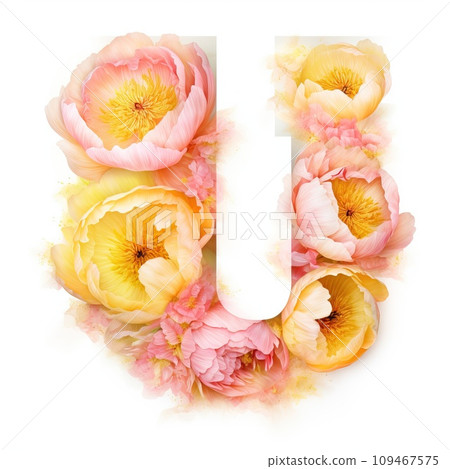 Creative letter U concept made of fresh yellow and pink peony Creative letter U concept made of fresh yellow and pink peony 109467575