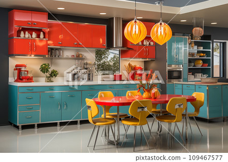kitchen midcentury modern design, characterized by clean lines and iconic shapes, bright color from 60s and 70s kitchen midcentury modern design, characterized by clean lines and iconic shapes, bright color from 60s and 70s 109467577