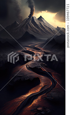 Hot magma pouring from volcano AI generative illustration Hot magma pouring from volcano AI generative illustration 109467721