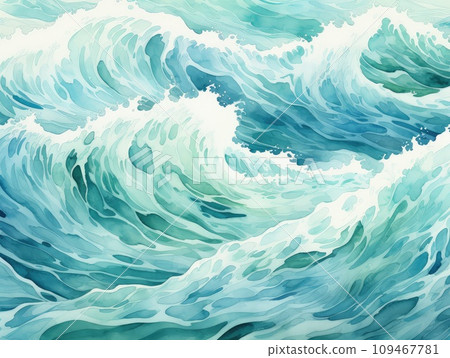 Sea Wave Watercolor Background, Aquarelle Tsunami Pattern, Watercolor Surfing Banner, Ocean Ripple 109467781