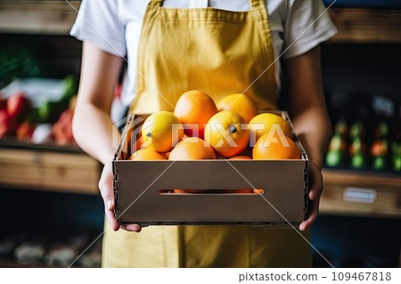 Fruit Store, Working in Grocery Store, Supermarket Worker Supplying Fruits, Generative AI Illustration 109467818
