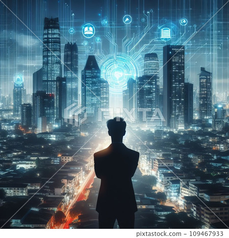 silhouette of a businessman standing on the roof of a skyscraper and looking at a smart city silhouette of a businessman standing on the roof of a skyscraper and looking at a smart city 109467933