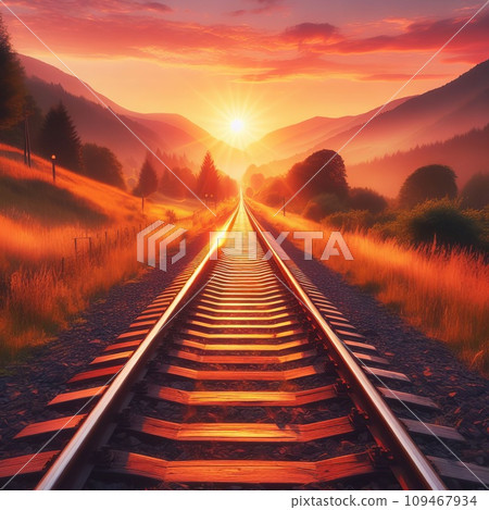 romantic railway stretching into the distance among beautiful nature and mountains at sunset 109467934
