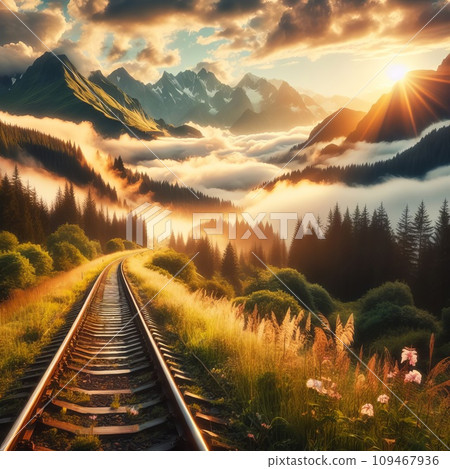 romantic railway stretching into the distance among beautiful nature and mountains at sunset romantic railway stretching into the distance among beautiful nature and mountains at sunset 109467936