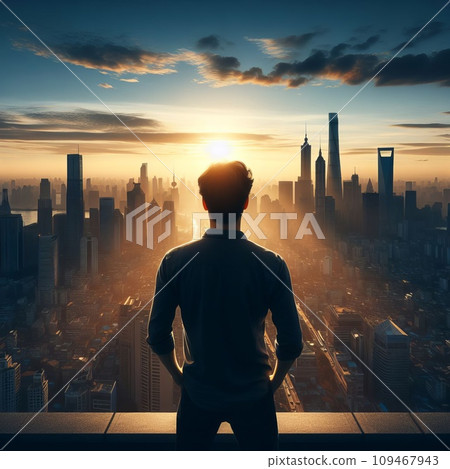silhouette of a man standing on the roof of a skyscraper overlooking the city at dusk time silhouette of a man standing on the roof of a skyscraper overlooking the city at dusk time 109467943