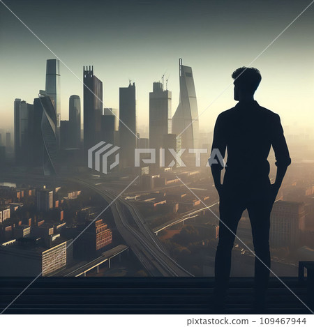 silhouette of a man standing on the roof of a skyscraper overlooking the city at dusk time silhouette of a man standing on the roof of a skyscraper overlooking the city at dusk time 109467944