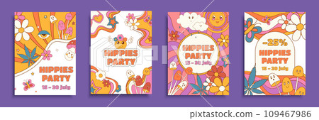 Hippies party cover brochure set in flat design. Poster templates with romantic retro groovy style of 60s 70s with daisy, mushrooms, sun, flowers and other colorful funny elements. Vector illustration 109467986