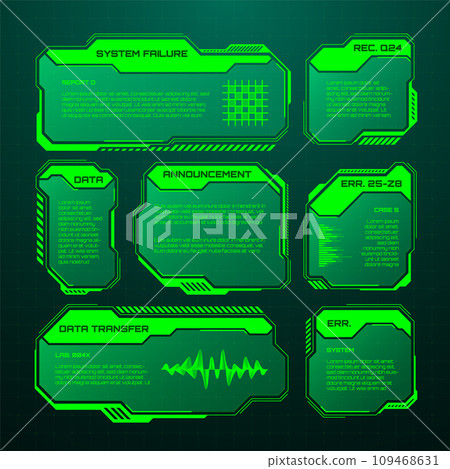 Green futuristic HUD, UI elements. Sci-fi user interface text boxes, callouts. Warning message frames, information boxes template. Modern game interface layout in digital style. Vector illustration Green futuristic HUD, UI elements. Sci-fi user interface text boxes, callouts. Warning message frames, information boxes template. Modern game interface layout in digital style. Vector illustration 109468631