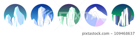 Floating icebergs collection. Drifting arctic glacier, block of frozen ocean water. Icy mountains with snow. Melting ice peak. Antarctic snowy landscape. South and North Pole. Vector illustration. 109468637