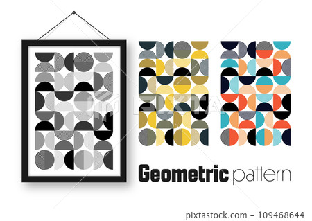 Picture frame with geometric trendy pattern, Bauhaus style. Modern background, simple elements. Retro texture, basic geometric shapes. Print design, minimalist poster cover. Vector illustration 109468644