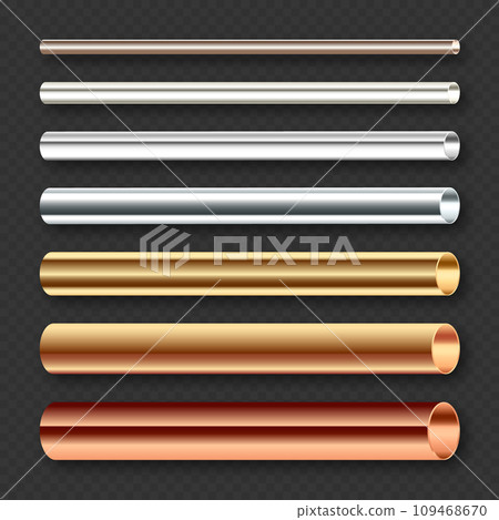Steel and copper pipes collection. Construction material, pipeline. Industry and engineering. Polished metal texture with silver gradient. Vector illustration 109468670