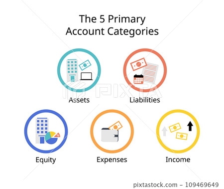 The 5 primary account categories are assets, liabilities, equity, expenses, and income or revenue The 5 primary account categories are assets, liabilities, equity, expenses, and income or revenue 109469649