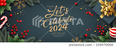 2024 Let's celebrate Merry christmas and Happy new year, banner greeting card design on dark gray background 2024 Let's celebrate Merry christmas and Happy new year, banner greeting card design on dark gray background 109470000