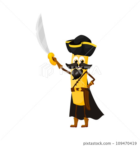 Cartoon funny ziti italian pasta pirate and corsair character armed with saber. Isolated vector culinary adventurer sailing the high seas in search of delicious treasure. Traditional cuisine of Italy 109470419
